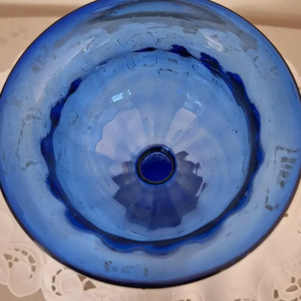 Vtg Cobalt Bue Hand Blown Glass Crocus Forcing Vase Optic Rib Polished Pontil